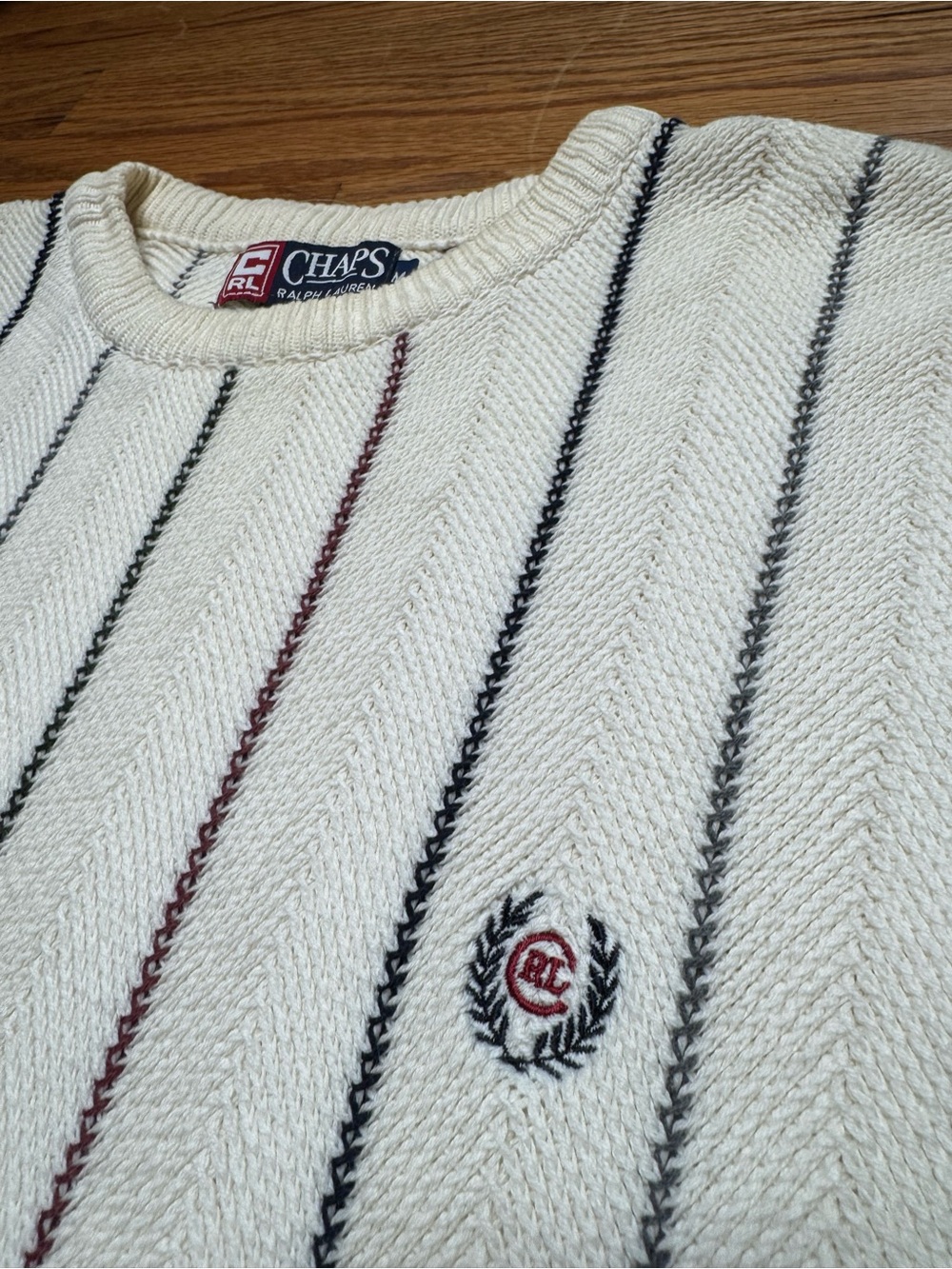 Chaps Cream Crewneck Sweater with Navy & Burgundy Pinstripes - Picture 3 of 4